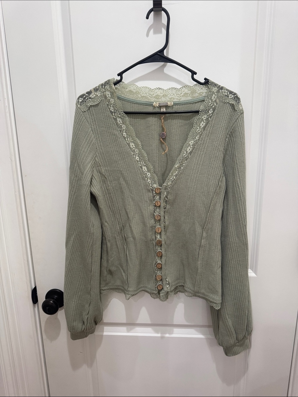 gimmicks by BKE Lace-Trim Button Front Top in Sage Green - Picture 1 of 3